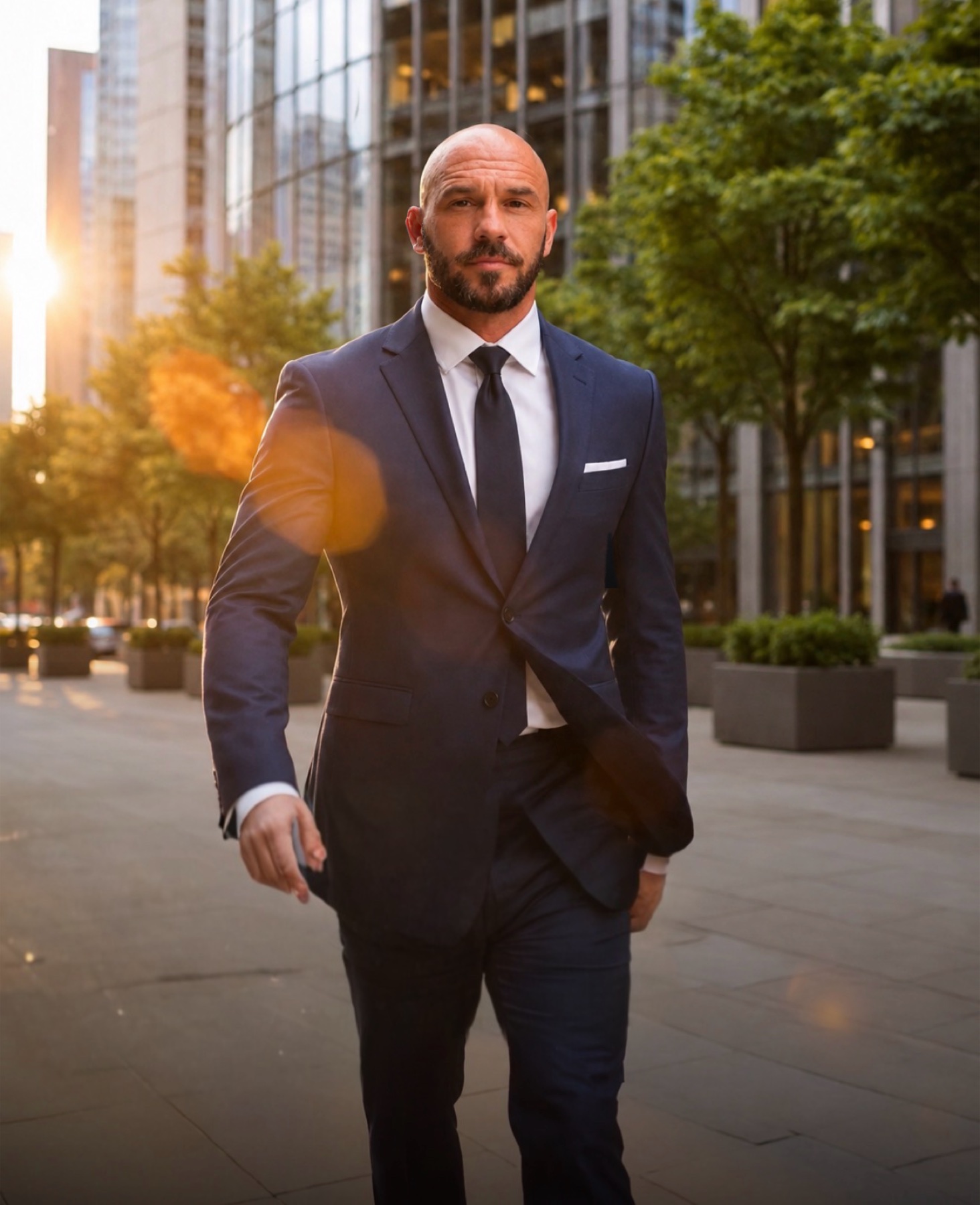 Art-directed portrait of Colby Black walking through a city in a dark suit
