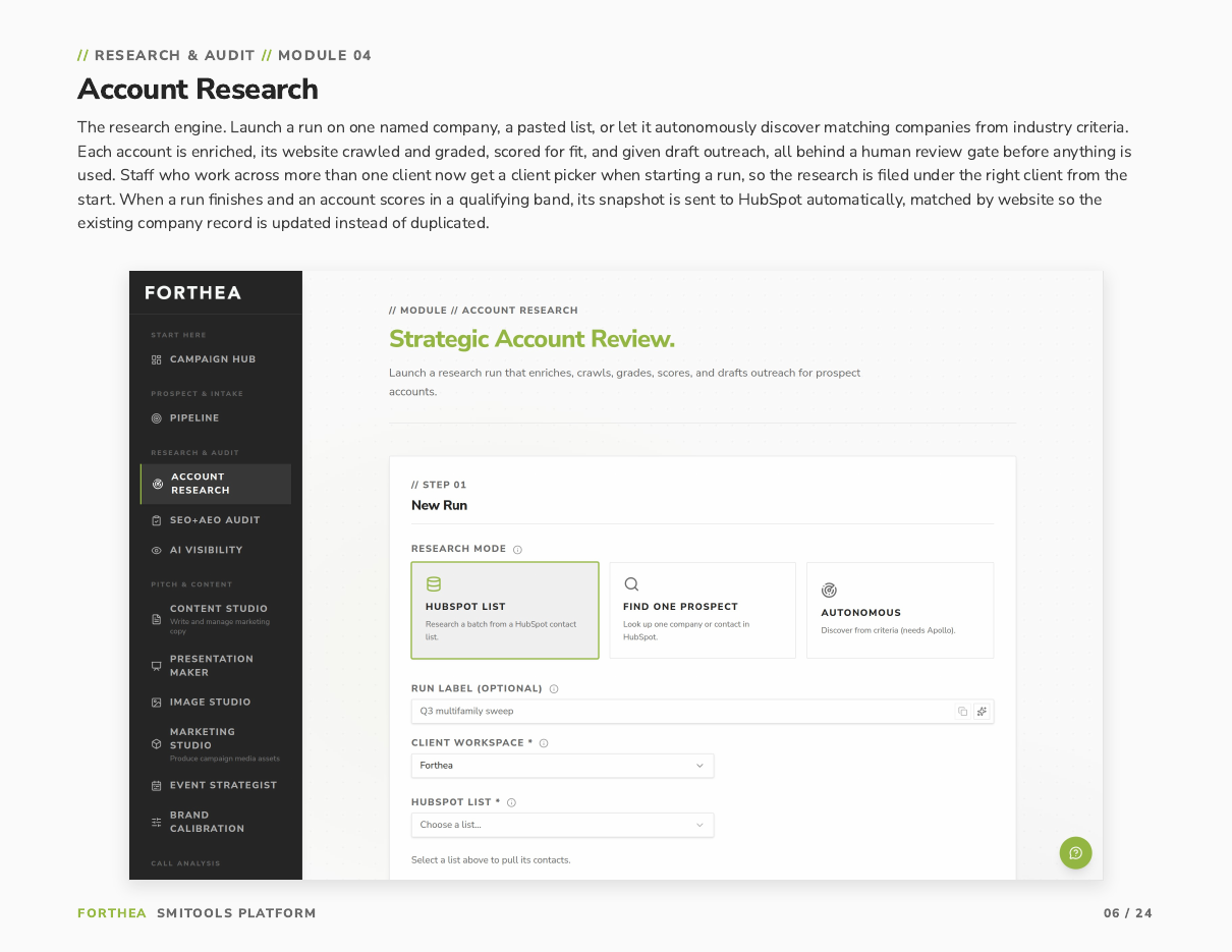 Forthea SMITools Account Research module showing its guided research workflow